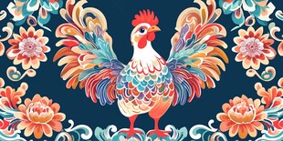 多彩雄鸡与花卉图案设计