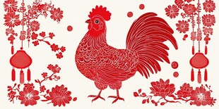剪纸风红公鸡喜庆装饰图