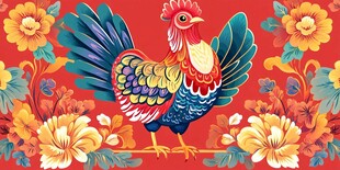 喜庆公鸡花卉传统图案