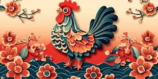 公鸡瑞花剪纸风插画