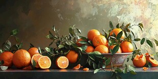 新鲜橘子摆拍 绿叶相伴