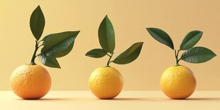 三个带叶柑橘摆拍图