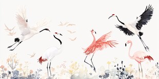 仙鹤火烈鸟共舞水彩画