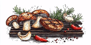 烤蘑菇牛排与香料摆盘