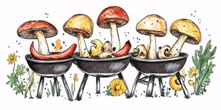 蘑菇烧烤趣味插画