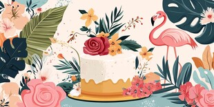 花卉蛋糕与火烈鸟梦幻场景