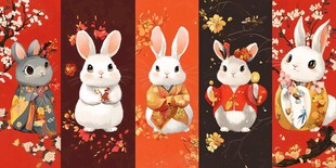 五只萌兔贺岁喜庆插画