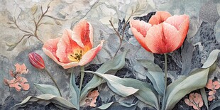 手绘粉橙郁金香花卉图