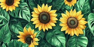 向日葵与绿叶的美丽图案