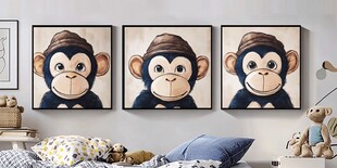 三只萌猴挂画装饰儿童房