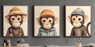 三只戴帽小猴装饰画