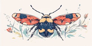 彩色甲虫插画 花卉相伴