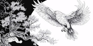 雄鹰展翅伴古树明月