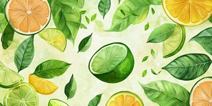 清新柑橘绿叶水彩图案