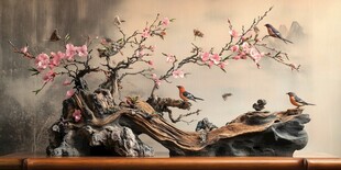 中式花鸟根雕艺术摆件