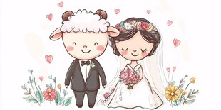 羊夫妇浪漫婚礼插画