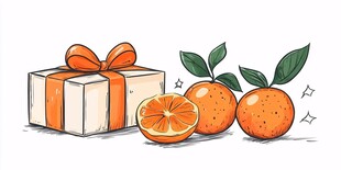 礼盒旁的鲜橙插画