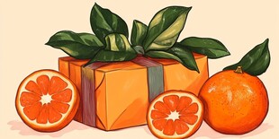 橙色礼盒与鲜橙插画