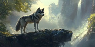 孤狼立于山水间的奇幻景象