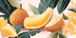 插画中的美味榴莲及叶片