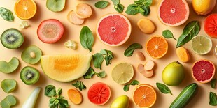 多彩鲜果拼盘与清新叶片