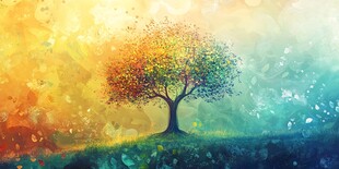 梦幻多彩孤树插画