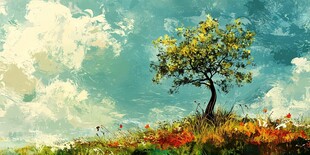 孤树绽于绚烂田野之间