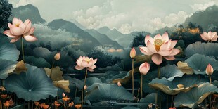 水墨荷塘山水诗意画卷