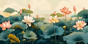 夏日荷塘荷花绽放图景