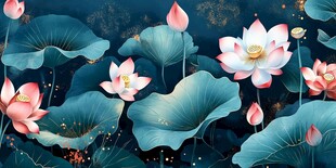 梦幻荷塘荷花荷叶插画