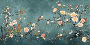 花鸟图绘 枝头栖鸟伴繁花