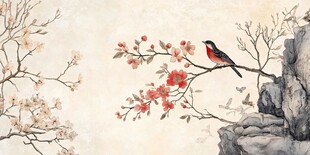 枝头栖鸟 花开春景图
