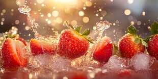 草莓落冰溅起晶莹水花