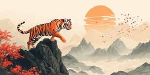 虎立山巅迎落日美景