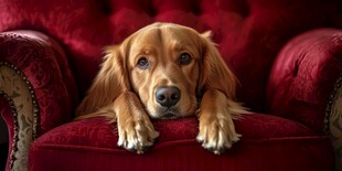 慵懒金毛趴坐红色软椅上