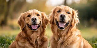 两只金毛惬意相伴在草地