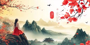 女子赏春景 江山入画来