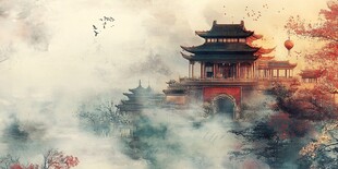 古风楼阁隐于云雾间