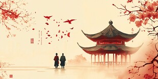 古风湖畔双影浪漫景致