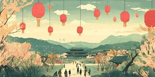 古风春景中悬挂的喜庆灯笼