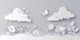 纸艺风格的云朵花草场景