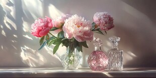 阳光下的芍药与香水瓶