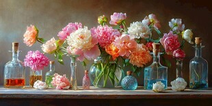缤纷芍药与玻璃瓶静物画
