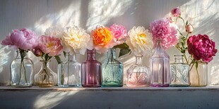 多彩花瓶中的绚烂芍药花