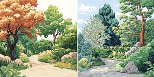 四季森林小径风景插画