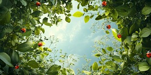 绿叶间的瓢虫与清新天空