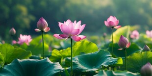 夏日绽放的娇艳粉色荷花