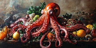 章鱼与多彩蔬果静物画