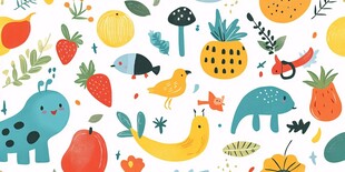 童趣水果动物插画图案