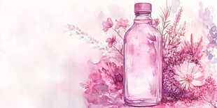 粉色花卉环绕的透明瓶子